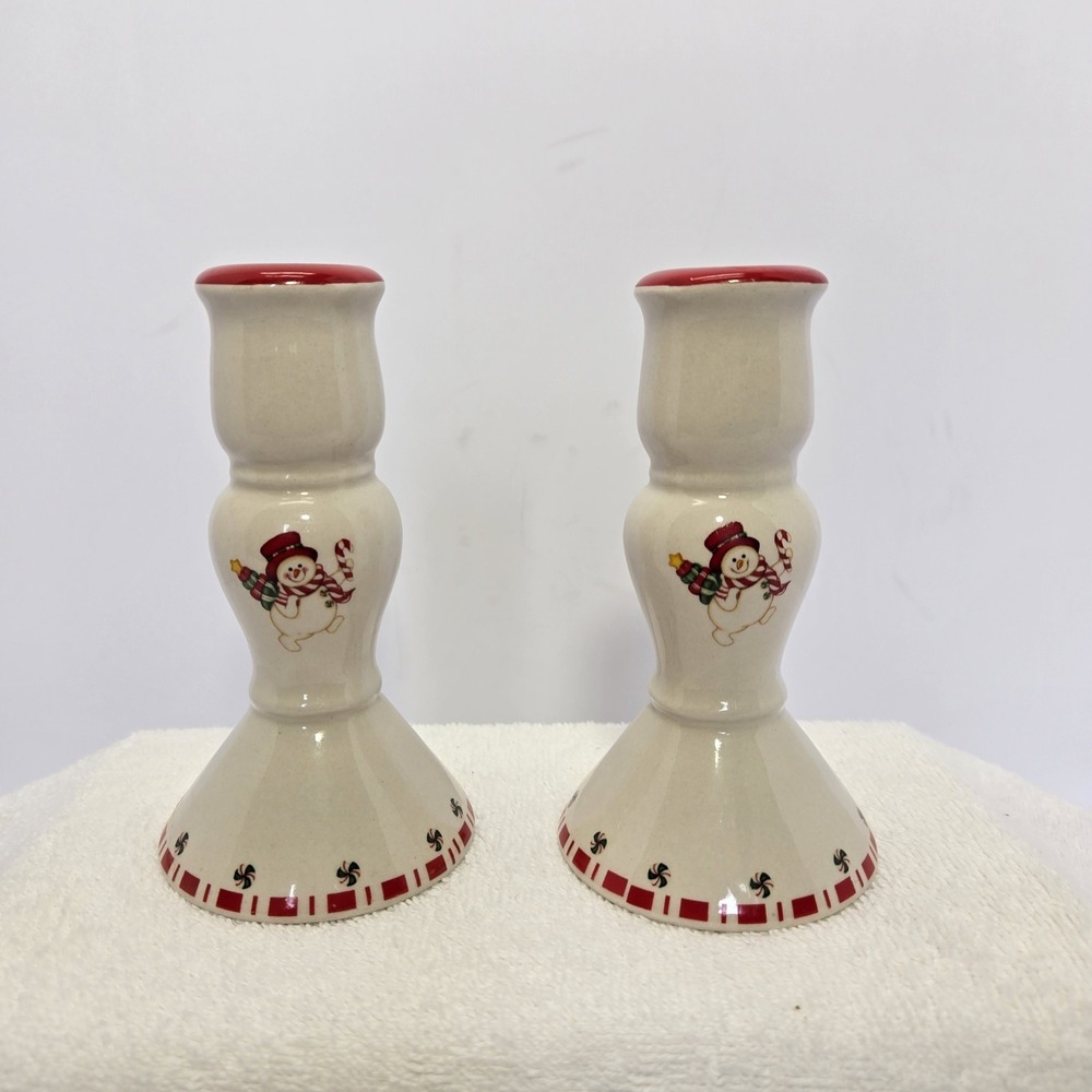 Royal Seasons Christmas Candlesticks Set Of 2 Snowman 5.25" Tall Ceramic Holiday